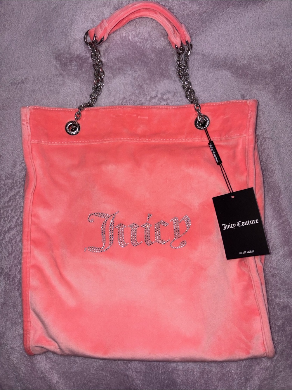 Juicy Couture Coral Pink Velour Tote purse with Rhinestone 'Juicy' Logo